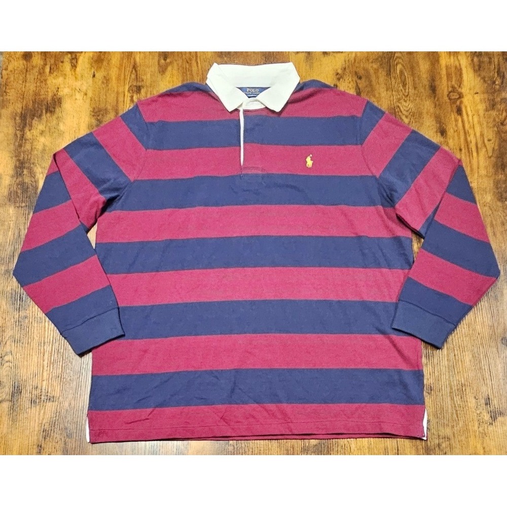 Polo Ralph Lauren Mens XXL Classic Fit Striped Rugby Shirt Burgundy Navy Blue